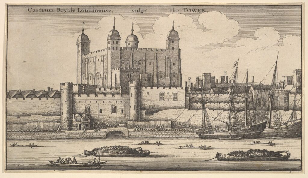 An etching of the White Tower with its domed turrets above the riverfront walls and round towers, with sailing ships and barges on the Thames in front.