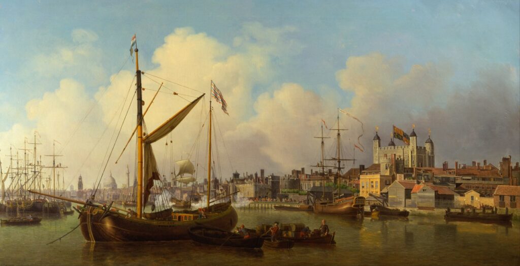 An oil painting of a calm Thames with a sailing barge and small boats in the foreground, and the White Tower flying flags beyond the riverfront buildings.