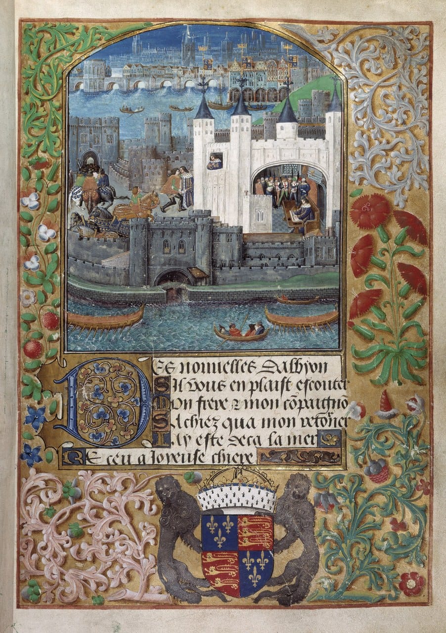 An illuminated manuscript page showing a white keep with four turrets inside walls beside a river, with a bridge and a city behind it and figures at the windows.