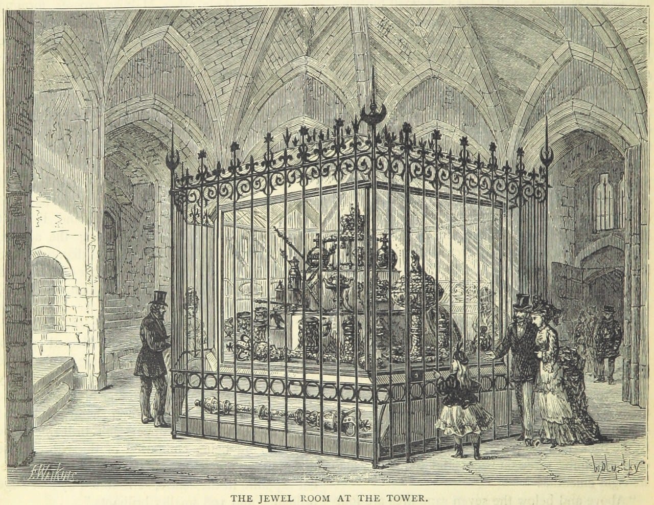 A wood engraving of a vaulted room in which the crown jewels are heaped on a stand inside a tall ornamental iron cage, with Victorian visitors in top hats and long skirts looking in.