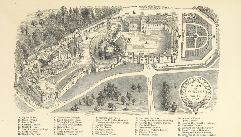 Windsor Castle 3 An engraved bird's-eye plan of Windsor Castle with its wards and towers drawn in perspective, numbered throughout, with a printed key listing the buildings beneath