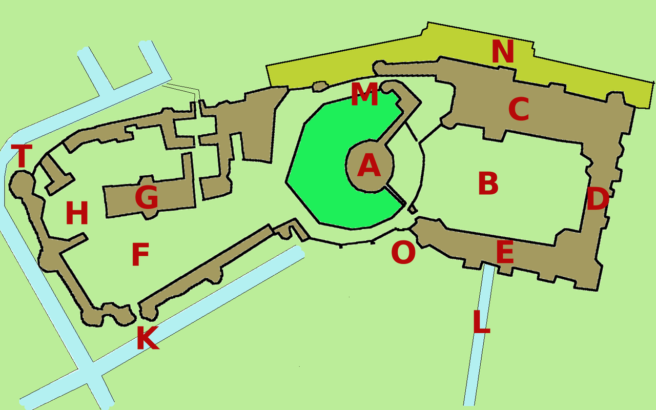 A colored plan of Windsor Castle showing an elongated enclosure with a circular motte at its center, the wards keyed with letters A colored plan of Windsor Castle showing an elongated enclosure with a circular motte at its center, the wards keyed with letters