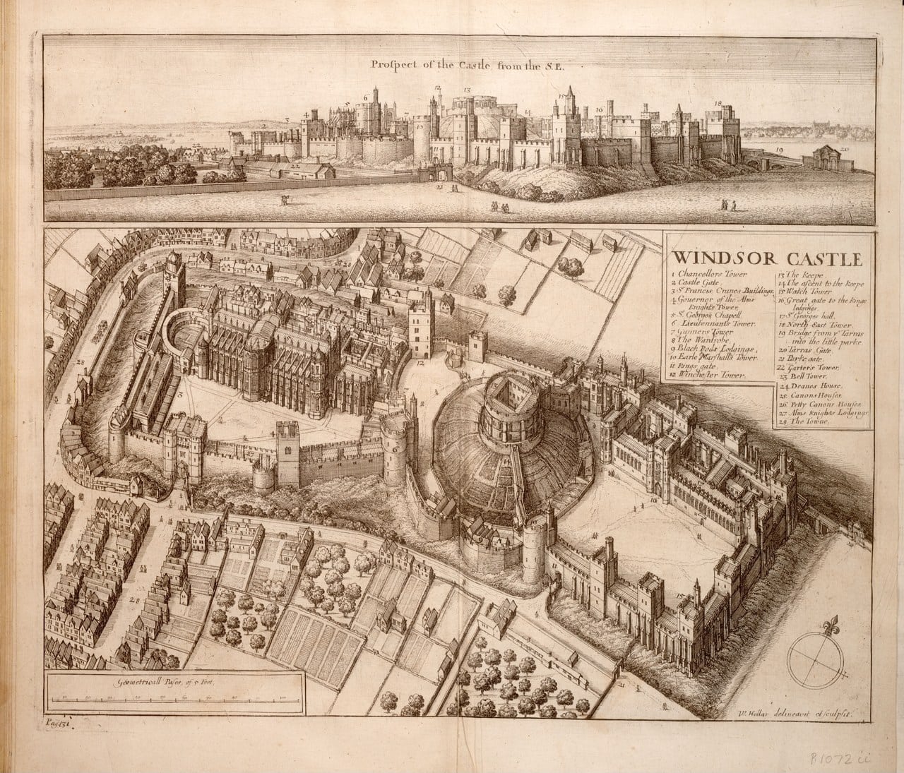 A seventeenth-century engraved bird's-eye plan of the whole castle with a numbered key at one side, and a narrow prospect of the castle from the north-east along the top A seventeenth-century engraved bird's-eye plan of the whole castle with a numbered key at one side, and a narrow prospect of the castle from the north-east along the top