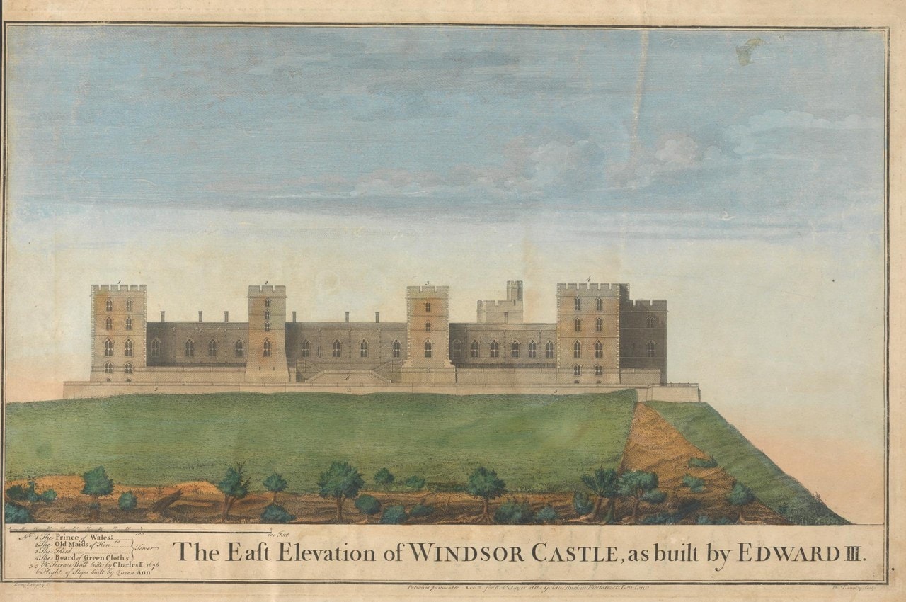 A hand-colored architectural elevation showing a long low range of battlemented buildings with square towers, lettered The East Elevation of Windsor Castle as built by Edward III A hand-colored architectural elevation showing a long low range of battlemented buildings with square towers, lettered The East Elevation of Windsor Castle as built by Edward III