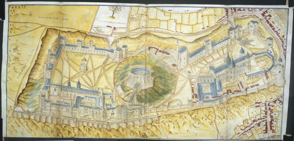 Windsor Castle 4 An early seventeenth-century manuscript drawing of Windsor Castle seen from above in colored ink, the wards and towers drawn in perspective