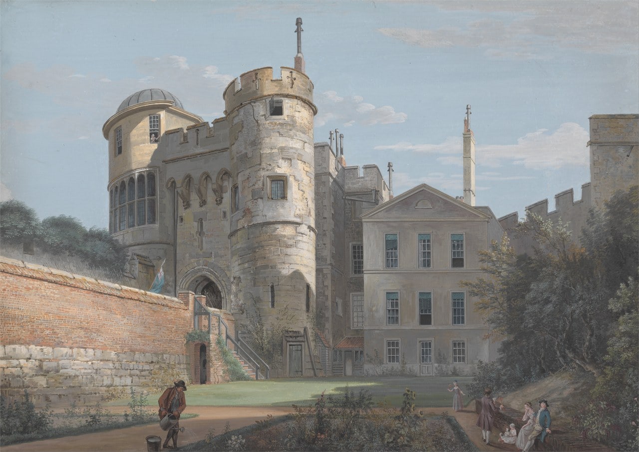 A watercolor of a twin-towered stone gateway beside a tall brick house, with a figure walking on the path below the castle wall A watercolor of a twin-towered stone gateway beside a tall brick house, with a figure walking on the path below the castle wall
