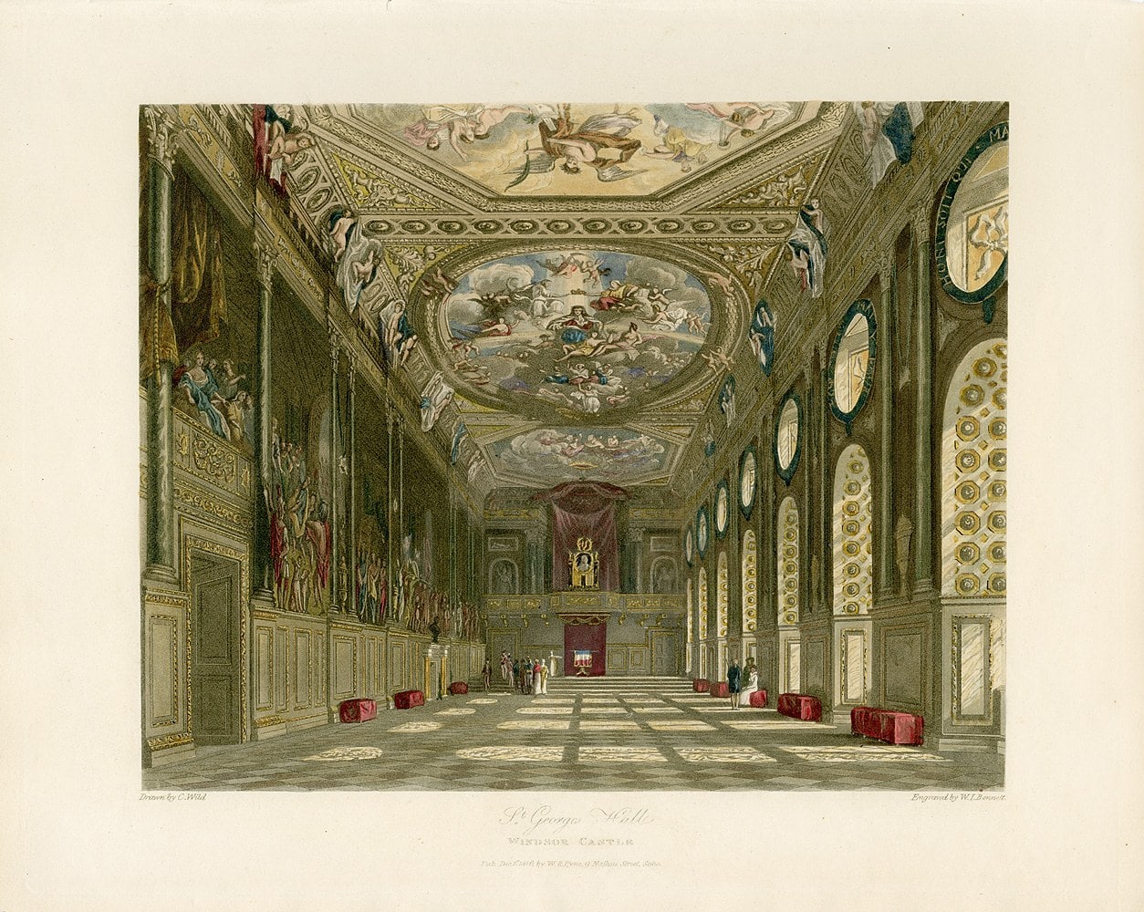 Aquatint of a long hall with an elaborately painted and coffered ceiling, a bare patterned floor with red benches ranged along the side walls, a canopied throne at the far end and a few small figures standing at the center Aquatint of a long hall with an elaborately painted and coffered ceiling, a bare patterned floor with red benches ranged along the side walls, a canopied throne at the far end and a few small figures standing at the center