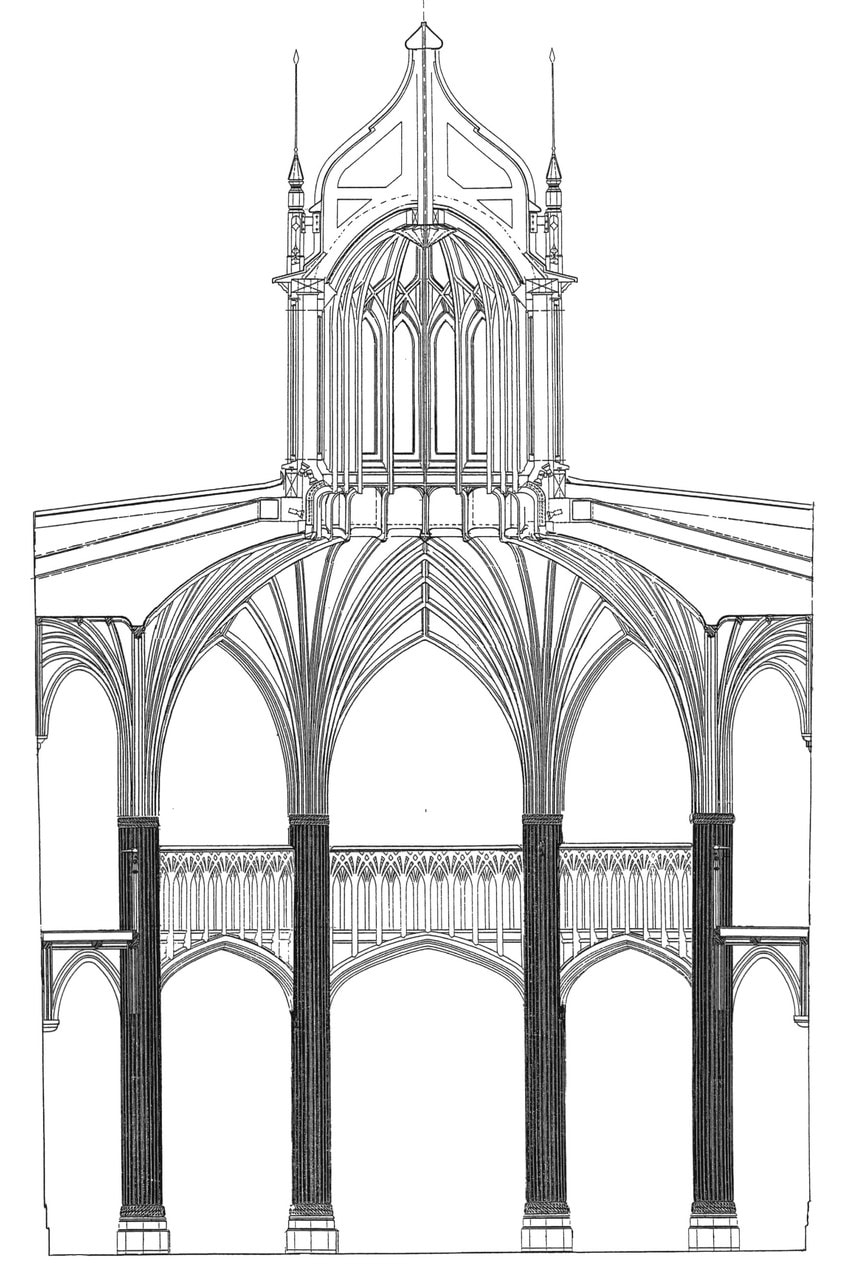 An architectural line drawing in section showing a tall room with slender clustered piers whose ribs radiate into a vault, under an octagonal lantern An architectural line drawing in section showing a tall room with slender clustered piers whose ribs radiate into a vault, under an octagonal lantern