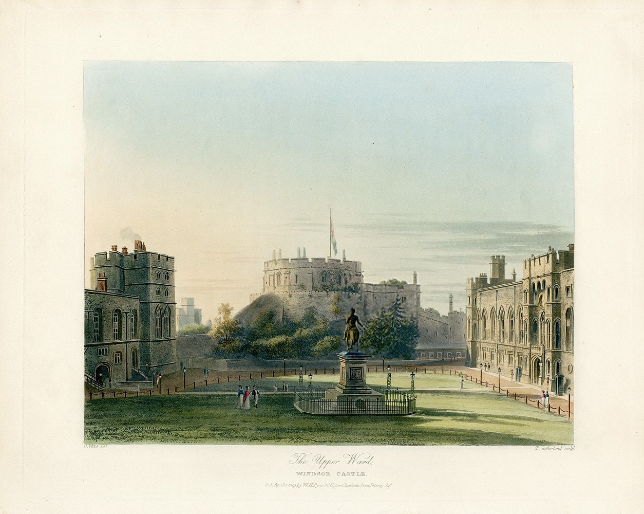 Aquatint of a grass quadrangle enclosed by low battlemented ranges, with a squat round tower on a mound behind and a statue on a plinth at the center Aquatint of a grass quadrangle enclosed by low battlemented ranges, with a squat round tower on a mound behind and a statue on a plinth at the center