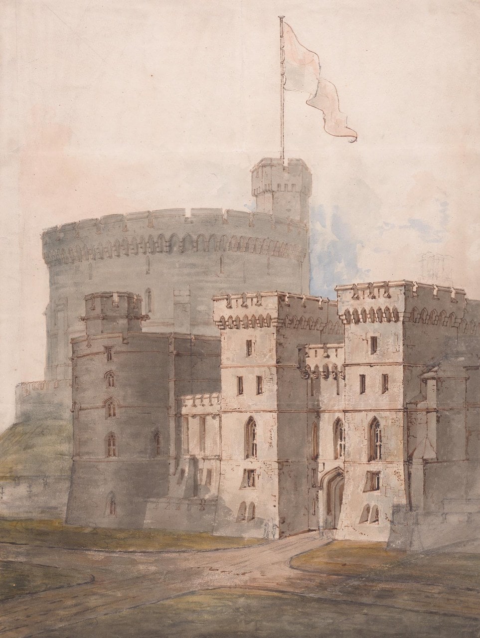 A watercolored architectural drawing of a tall round tower with a flag, beside a square tower and a turreted gateway A watercolored architectural drawing of a tall round tower with a flag, beside a square tower and a turreted gateway
