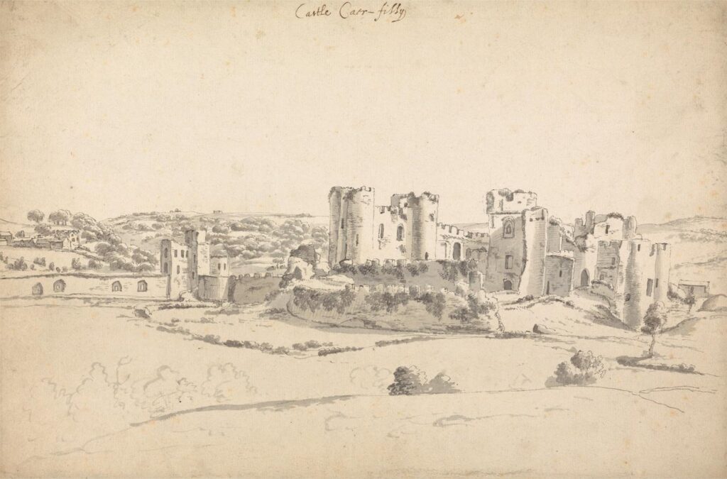 Caerphilly Castle 12 A pen-and-wash drawing of a ruined castle with round towers and gatehouses on open ground, with rolling hills behind