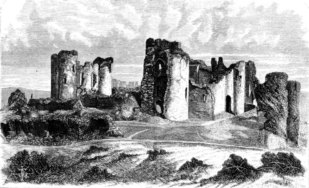 Caerphilly Castle 10 A black-and-white engraving of a ruined castle with round towers and a broken leaning tower at the right, rough grass in the foreground