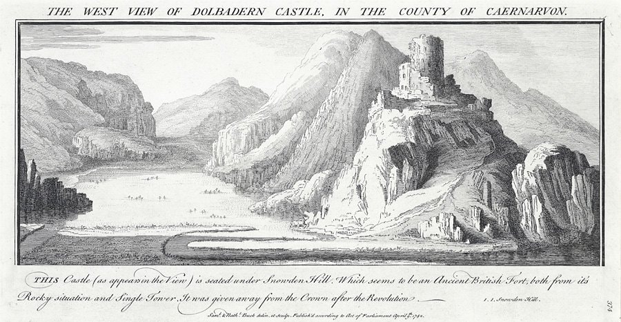 Eighteenth-century engraving of a single round tower on a high rocky crag beside a lake, with mountains behind and two lines of engraved script beneath Eighteenth-century engraving of a single round tower on a high rocky crag beside a lake, with mountains behind and two lines of engraved script beneath