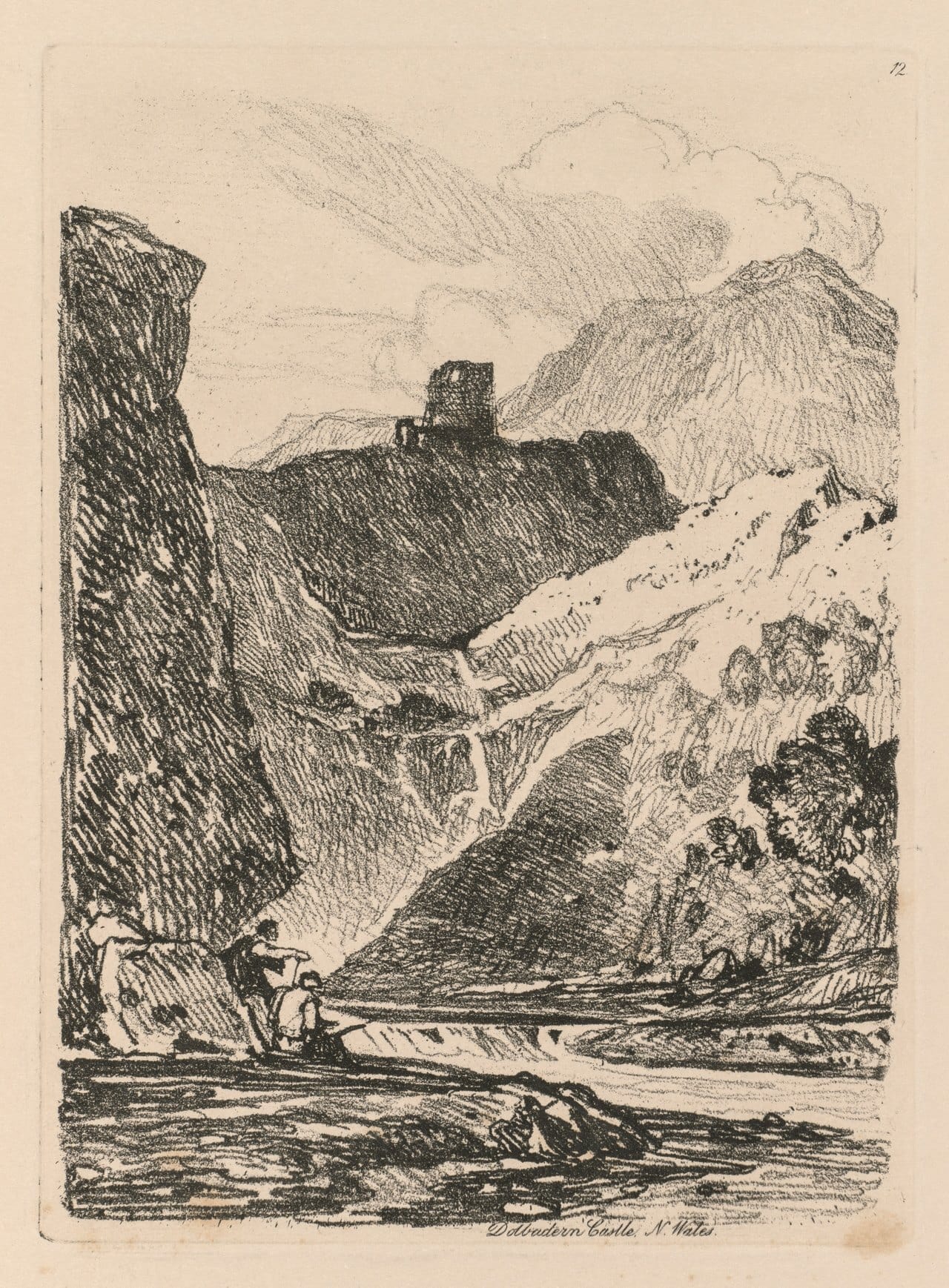 Black-and-white etching of a ruined tower on a cliff-top above a rushing stream and a steep rock face, with figures on the rocks below Black-and-white etching of a ruined tower on a cliff-top above a rushing stream and a steep rock face, with figures on the rocks below