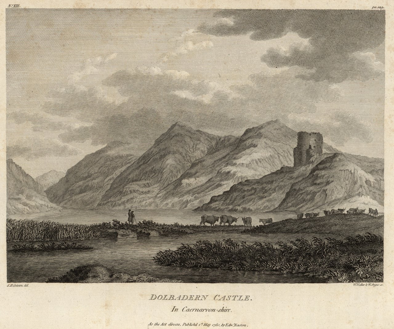 Eighteenth-century engraving of a ruined round tower on a ridge above a lake, mountains behind, with cattle and two figures on the near shore Eighteenth-century engraving of a ruined round tower on a ridge above a lake, mountains behind, with cattle and two figures on the near shore