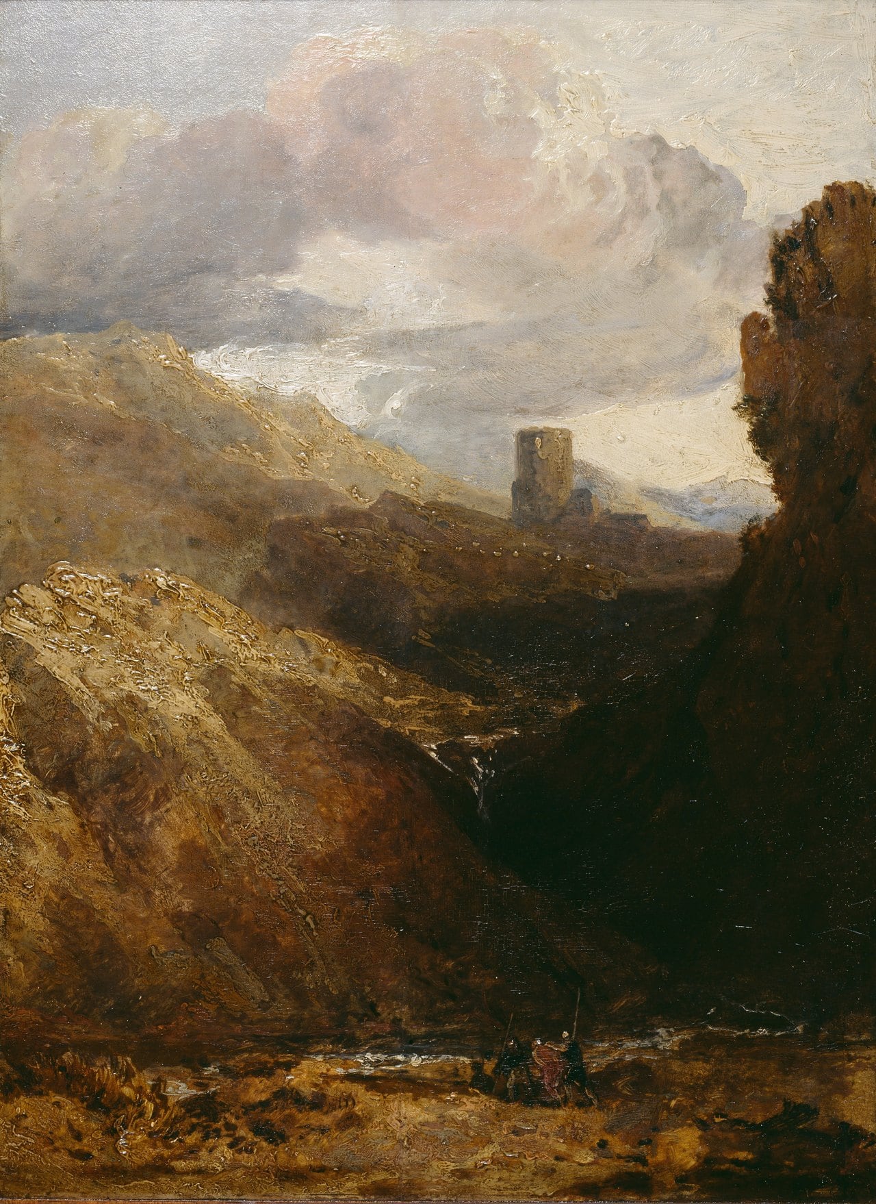 Small oil sketch of a ruined tower on a ridge above a deep brown gorge, with pale clouds and a dark rock face at right Small oil sketch of a ruined tower on a ridge above a deep brown gorge, with pale clouds and a dark rock face at right