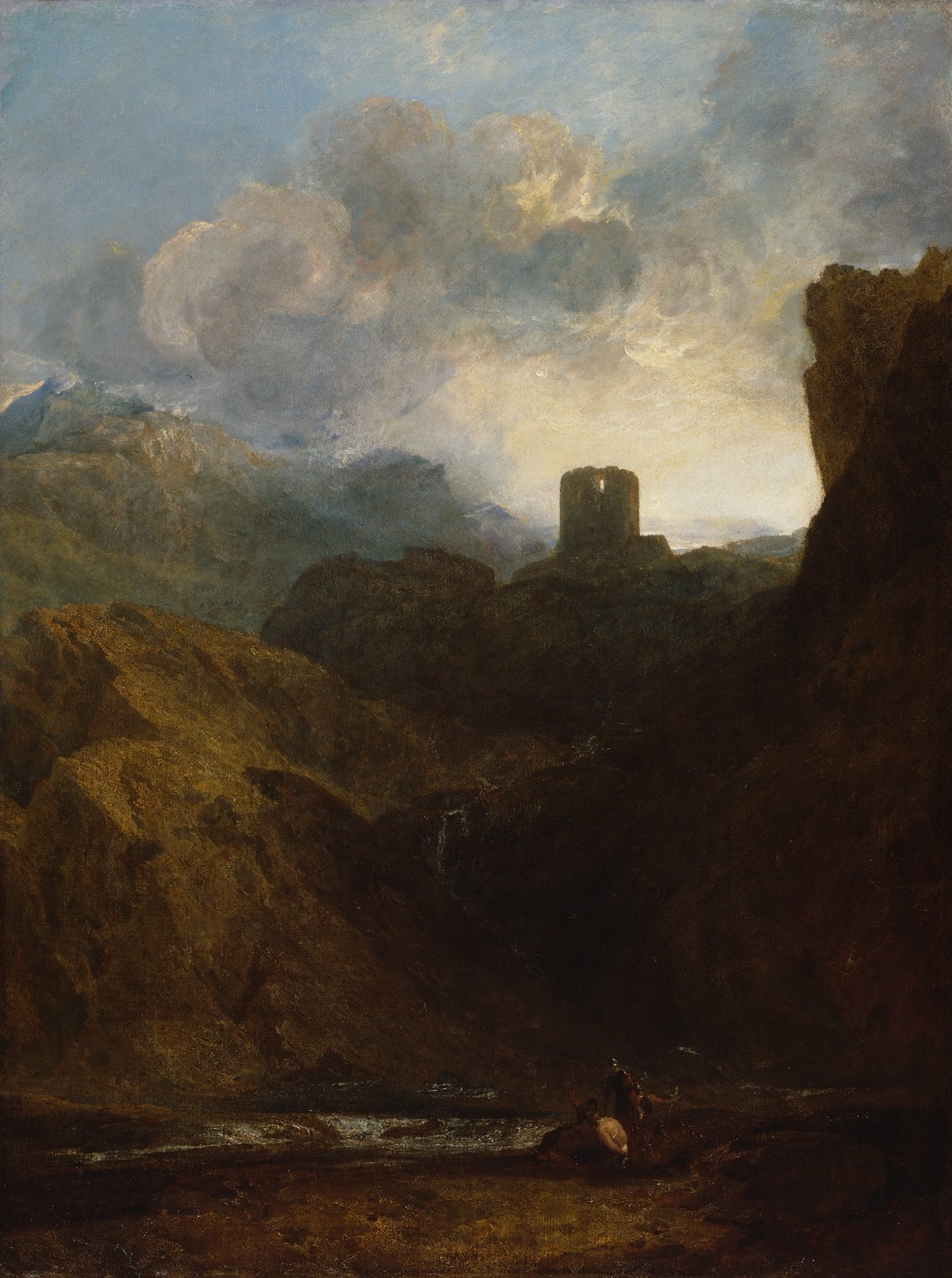 Dark oil painting of a single ruined tower on a crag high above a shadowed mountain gorge, under a glowing cloudy sky, with small figures in the foreground Dark oil painting of a single ruined tower on a crag high above a shadowed mountain gorge, under a glowing cloudy sky, with small figures in the foreground